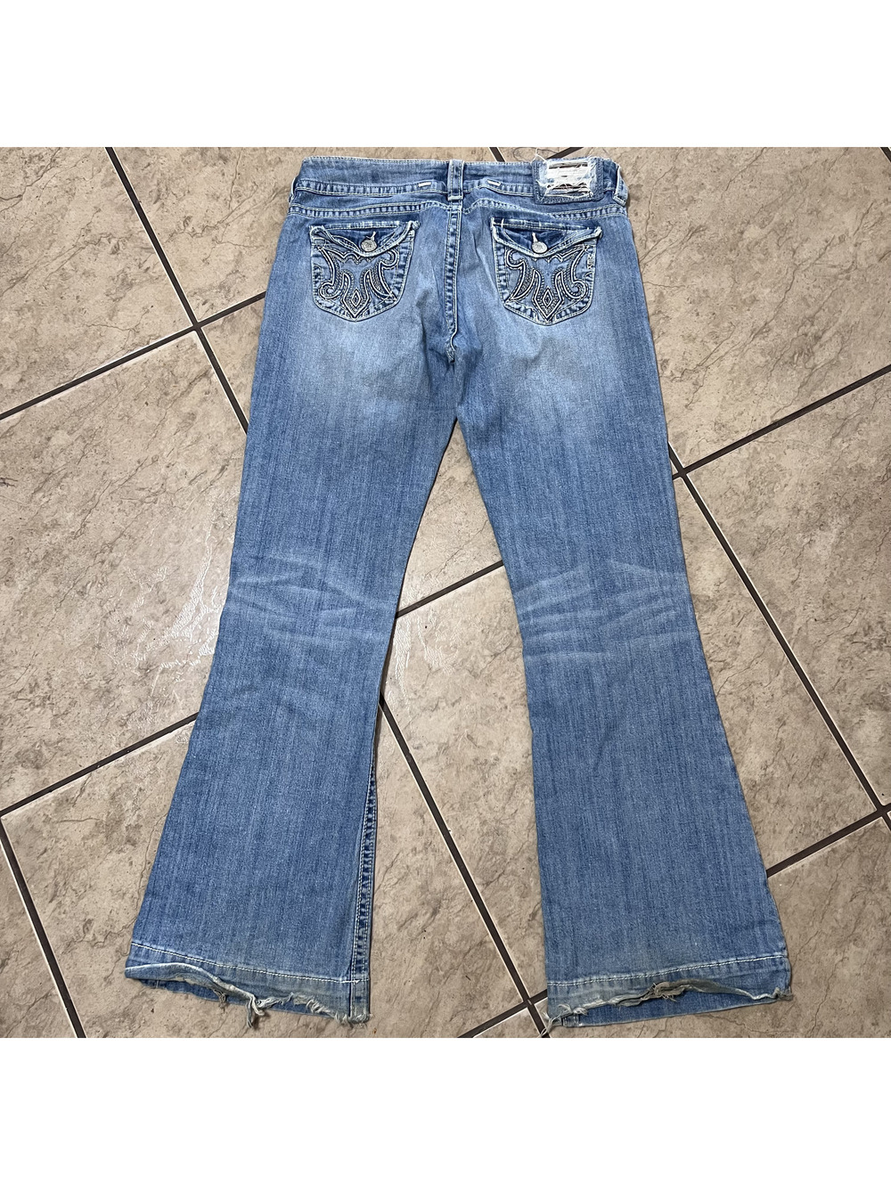 MEK Denim Y2k Embroidered Flare Boot Light Fade Low Rise Distressed Jeans 30x32